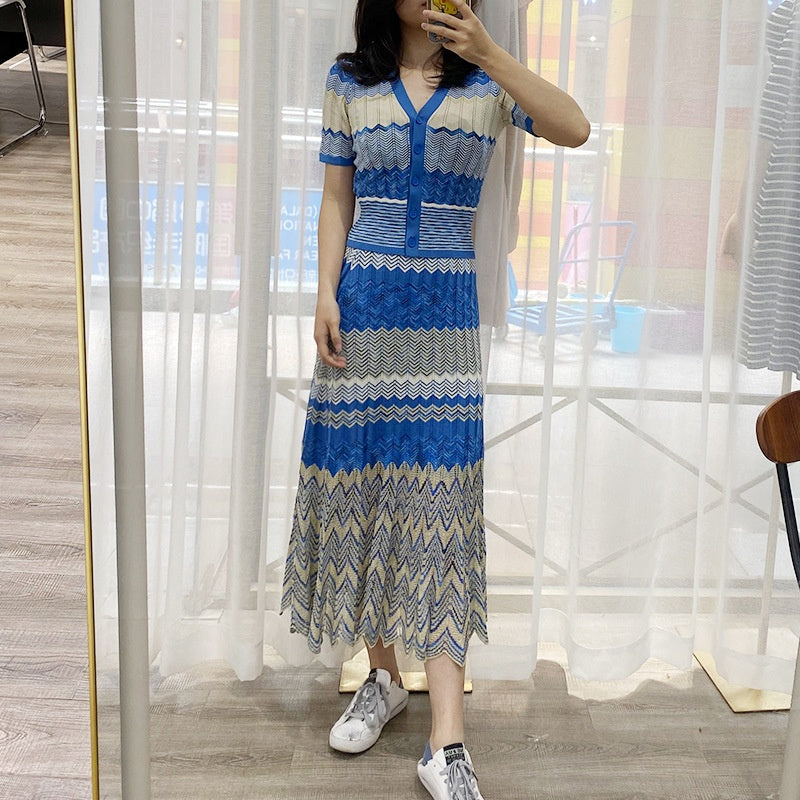 V-neck Wave Stripe Knit Top & Midi Skirt Set | Blue Chevron
