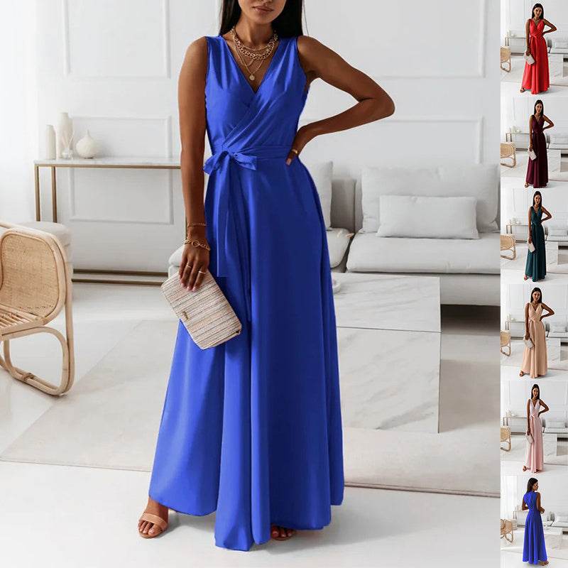 V-neck Sleeveless Dress With Belt Summer Fashion.