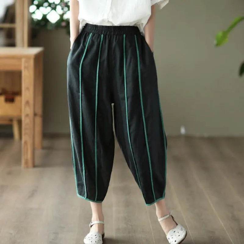 Women's Striped Cotton Linen Harem Bloomer Pants – High Waist Cropped