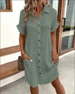 Womens Button Down Shirt Dress Summer Cotton Linen Dress V-Neck Mini Dress Casual Short Sleeve Loose Tunic Dresses