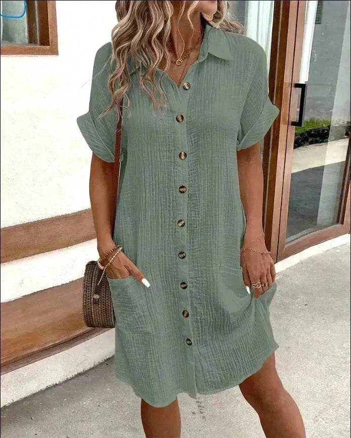 Womens Button Down Shirt Dress Summer Cotton Linen Dress V-Neck Mini Dress Casual Short Sleeve Loose Tunic Dresses