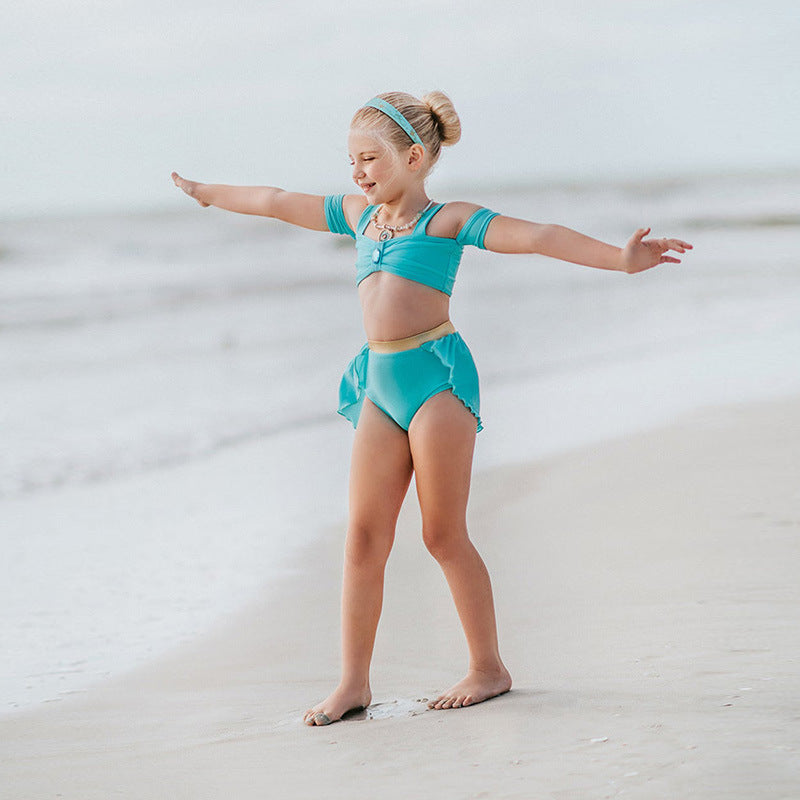 Kids Two-Piece Swimsuit Set – Girls Polyester Swim Top & Shorts in 5 Styles (Size 100–140)