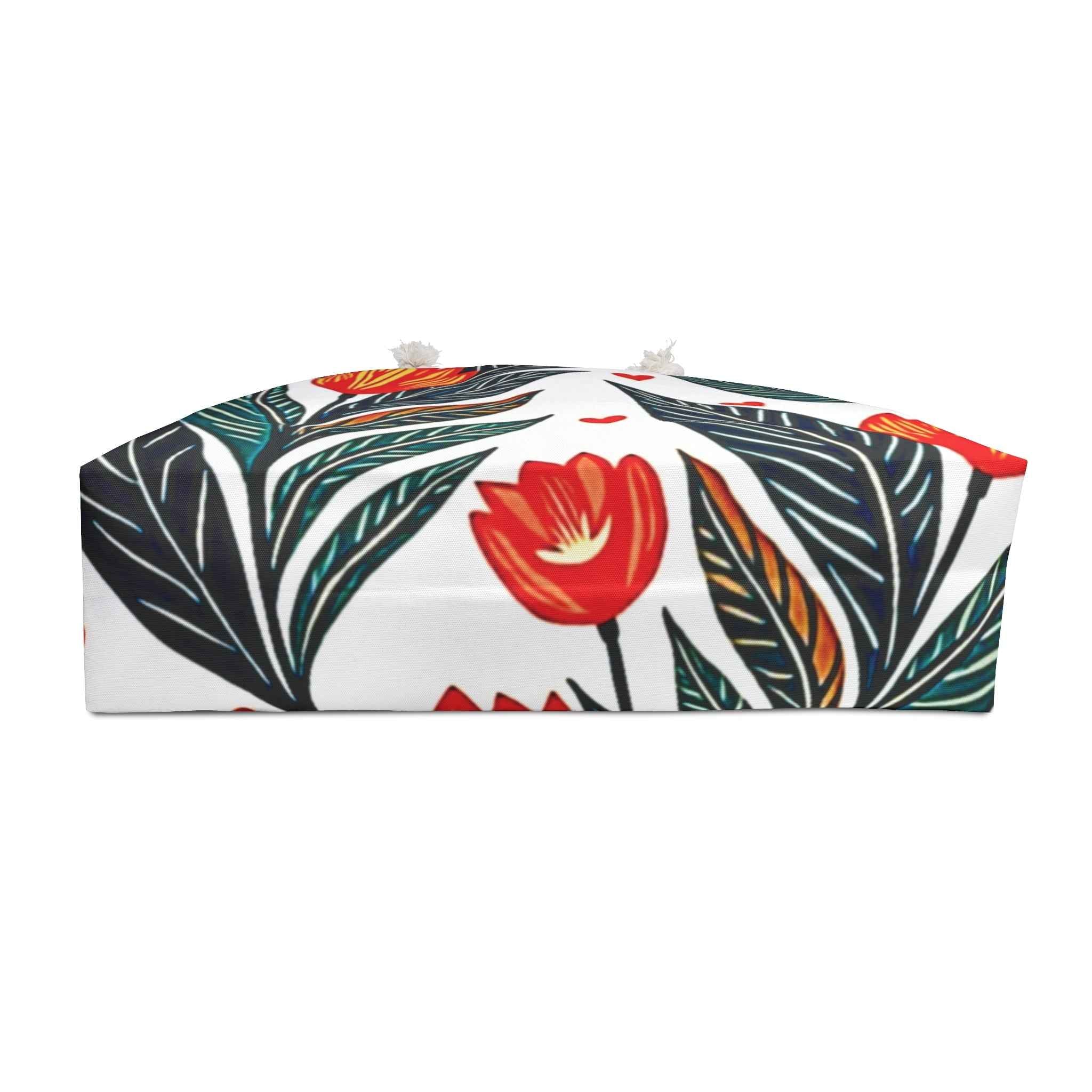 Red Tulip Floral Weekender Bag | Botanical Leaves & Heart Accents | Large Tote Bag for Moms & Travel
