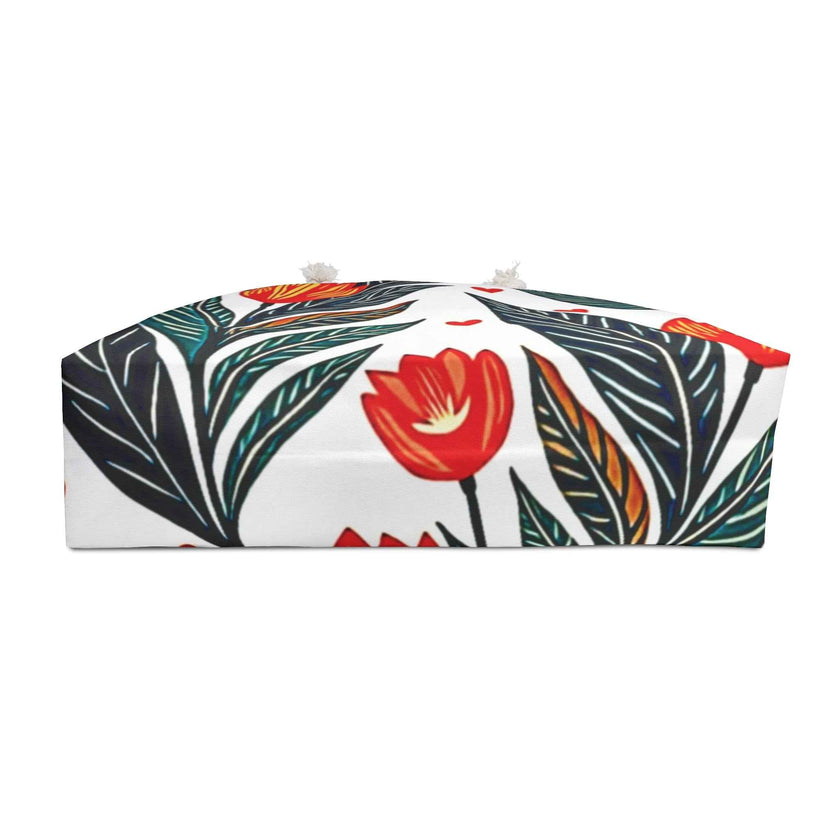Red Tulip Floral Weekender Bag | Botanical Leaves & Heart Accents | Large Tote Bag for Moms & Travel