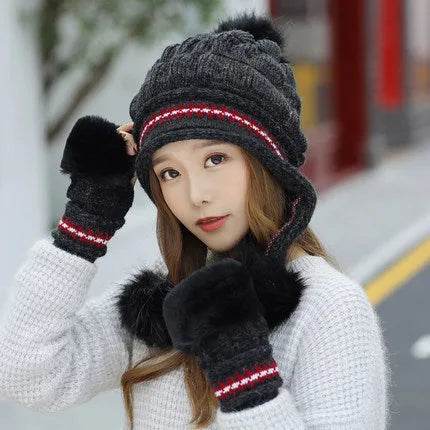 Women Cozy Knit Fleece-Feel Beanie With Ear Flaps Winter Hat Perfect For Skiing & Outdoor Activities