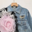 Elegant women fashion embroidered cropped Ripped blue Denim Jacket