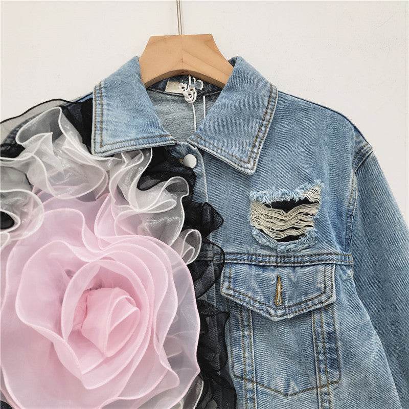 Elegant women fashion embroidered cropped Ripped blue Denim Jacket