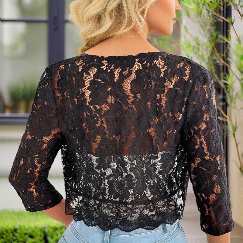 Women's Solid Color Cropped Lace Cardigan - Summer Fashion Medium-Long Sleeve Open Front Top