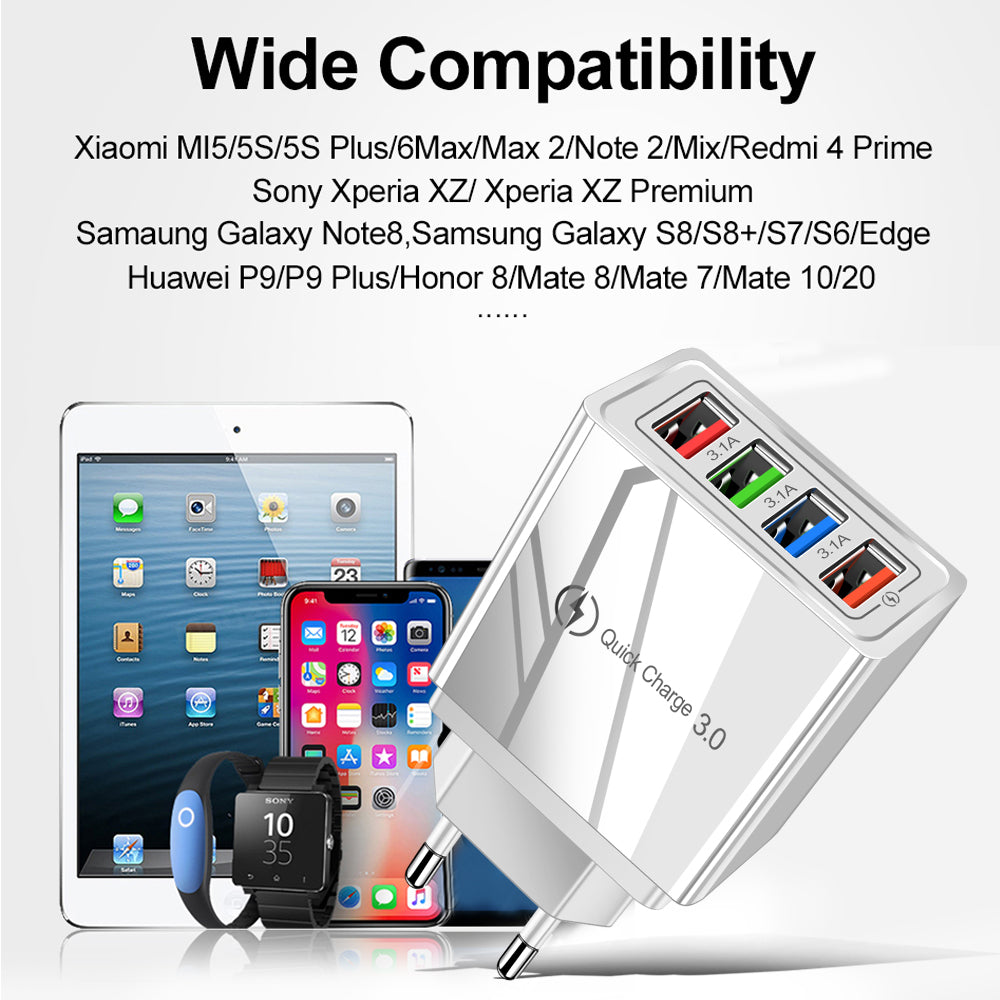 4-Port USB Wall Charger with Quick Charge 3.0 – EU, UK & US Plug | Multi-Colour