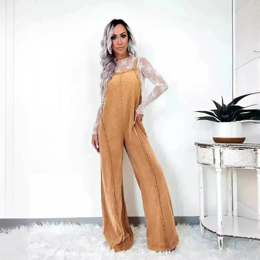 Retro Washed Raw Edge Denim Wide-leg Suspender Denim  Jumpsuit Baggy Denim Jeans Jumper