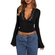 Slim V-neck Lace Ins Fashion Trumpet Sleeve Long-sleeved tank Top Women Clothing