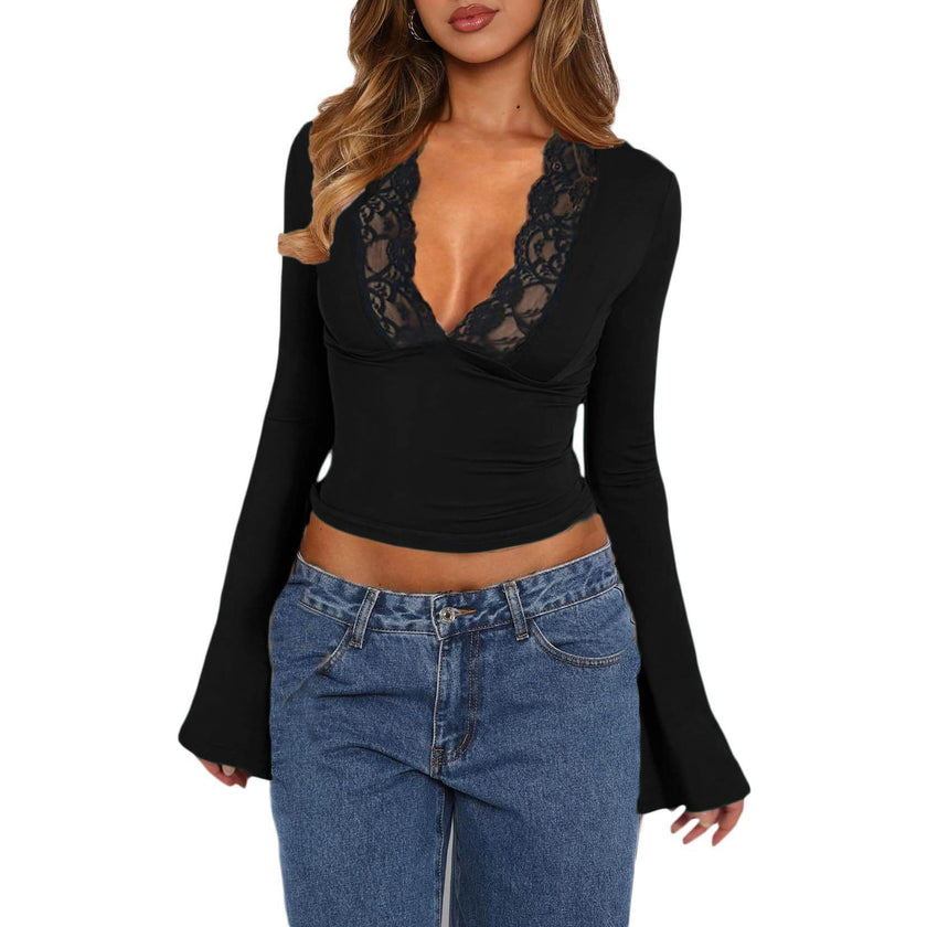 Slim V-neck Lace Ins Fashion Trumpet Sleeve Long-sleeved tank Top Women Clothing