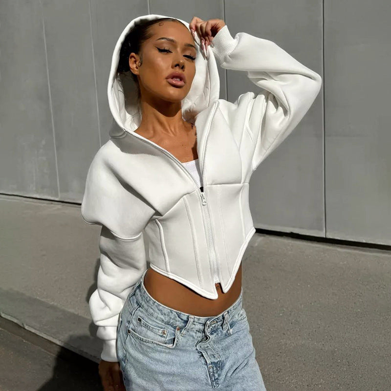 Y2K Slim-Fit Zip-Up Corset Hoodie – Long Sleeve Street Fashion Cardigan in Grey & White (S–L)