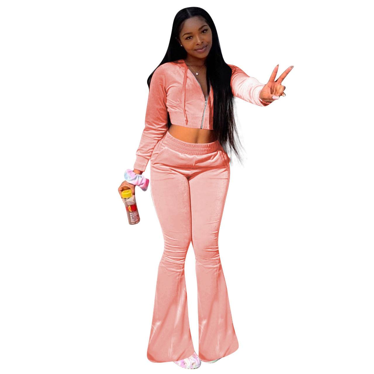 Women 2pcs Velvet Hoodie Wide leg Pant Crop top sweatsuit Athleisure Outfit