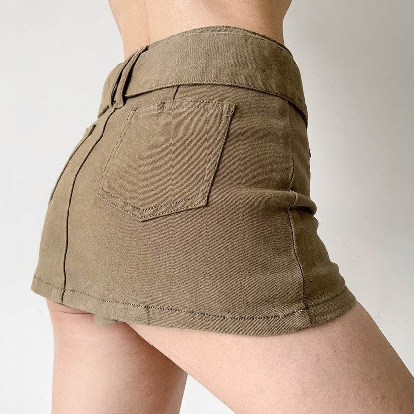 American Retro Wide Waistband Denim Mini Skirt with Belt