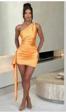 One-shoulder Sleeveless Mini Dress Charming Slim Backless Party Wedding Satin Dresses Womens Clothing