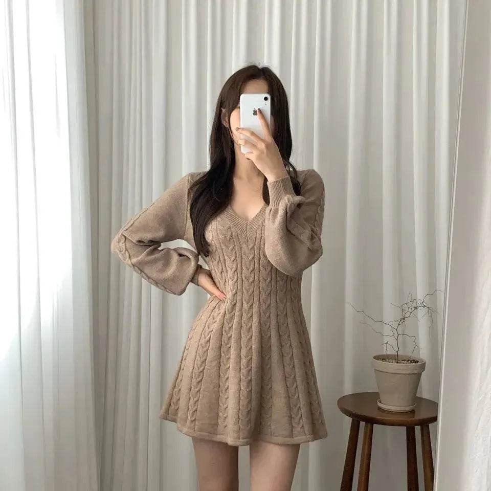 Fashionable Autumn Winter Mini Flared Knitted Sweater Dress