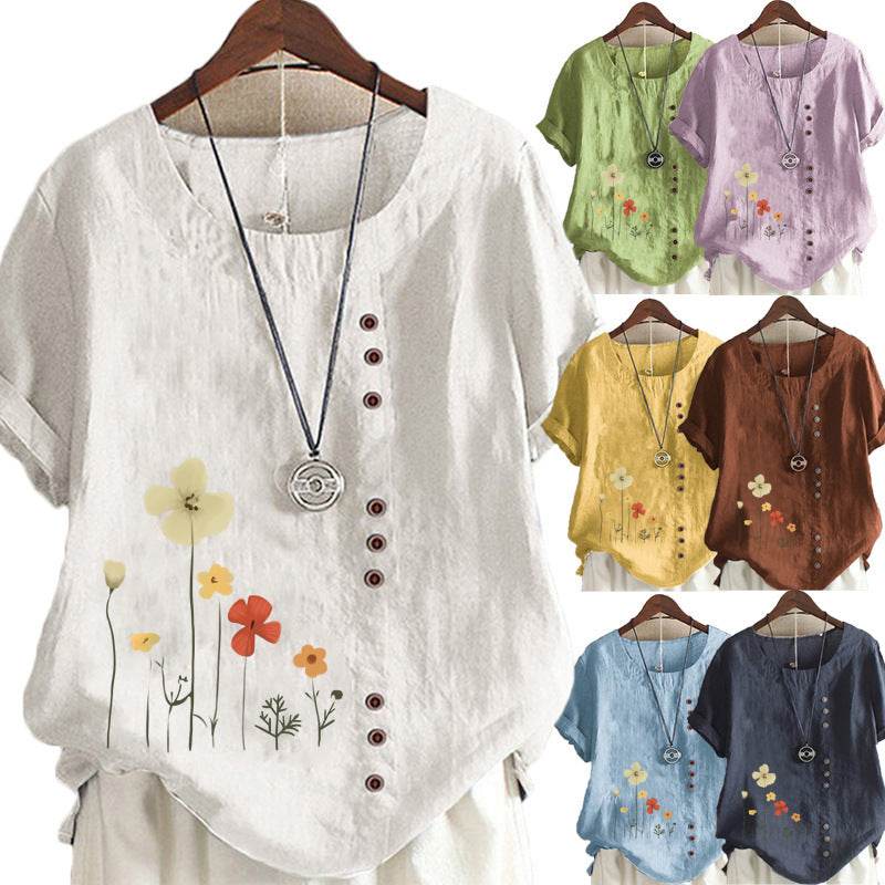 Women's Casual Printed Cotton Linen Short Sleeve Blouse Top