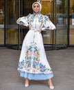 Fashion Puff Sleeves Lapel Robe Arabic Women's Digital Printed Mid Waist Long Dress