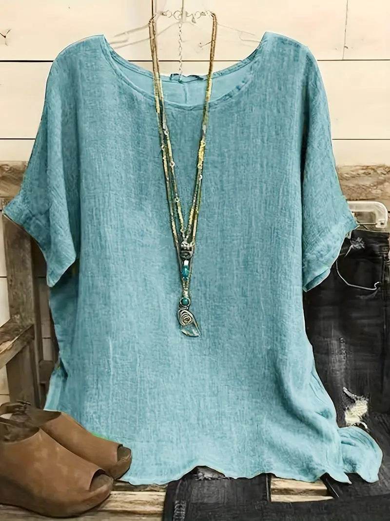 Women's 3/4 Sleeve Linen Blouse – Loose Round Neck Casual Top (S–3XL, 5 Colors)