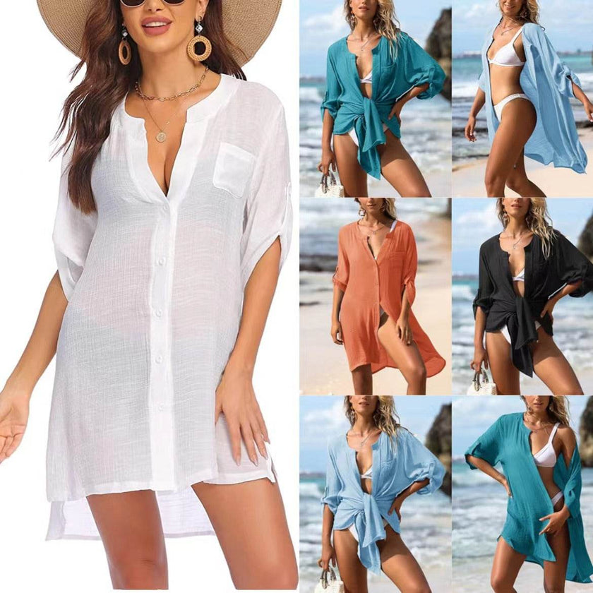 Women's Linen Beach Shirt Dress – Lightweight Sun Protection Cover-Up (S–3XL, 5 Colors)