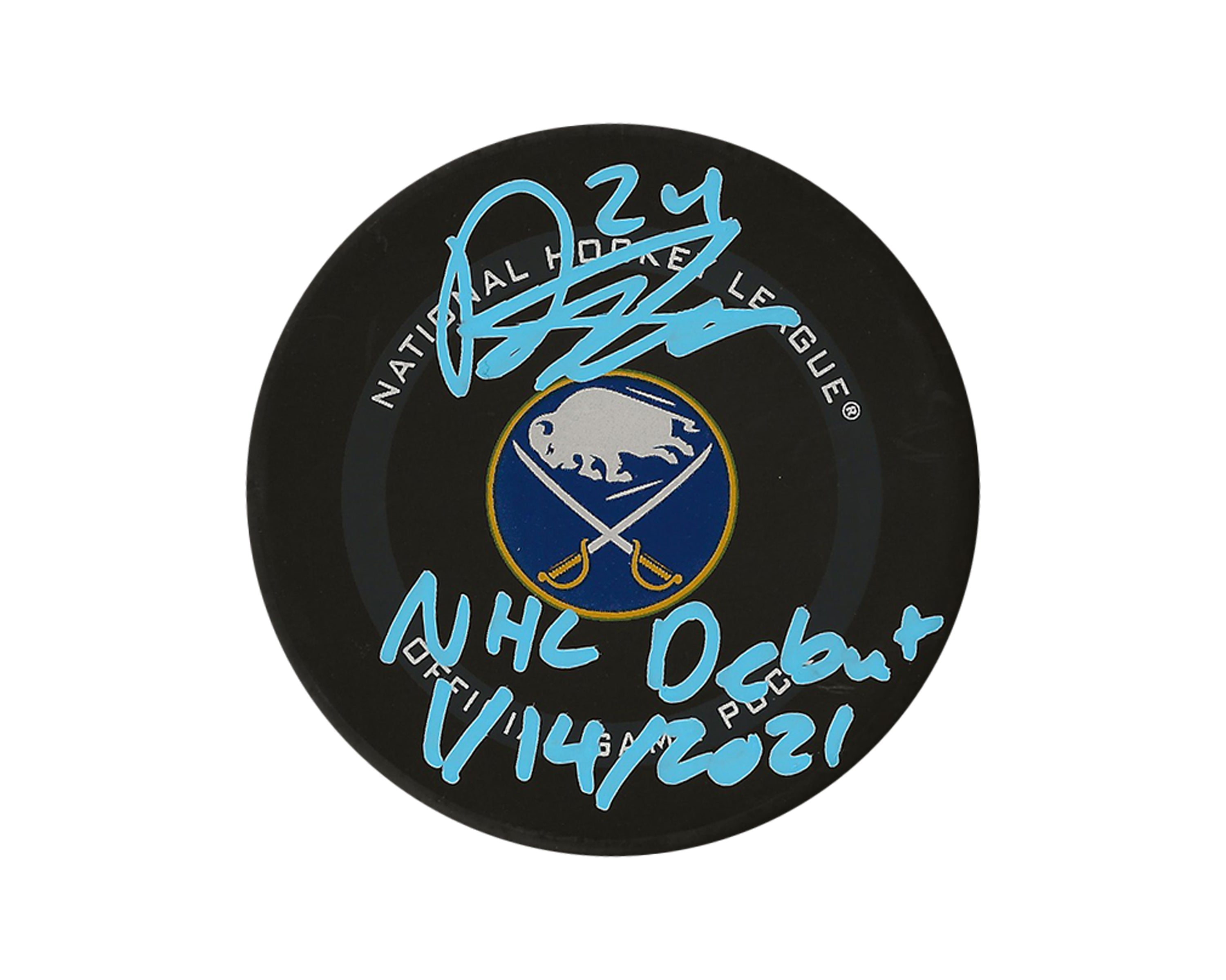 Dylan Cozens Autographed Buffalo Sabres Official Game Puck Inscribed 