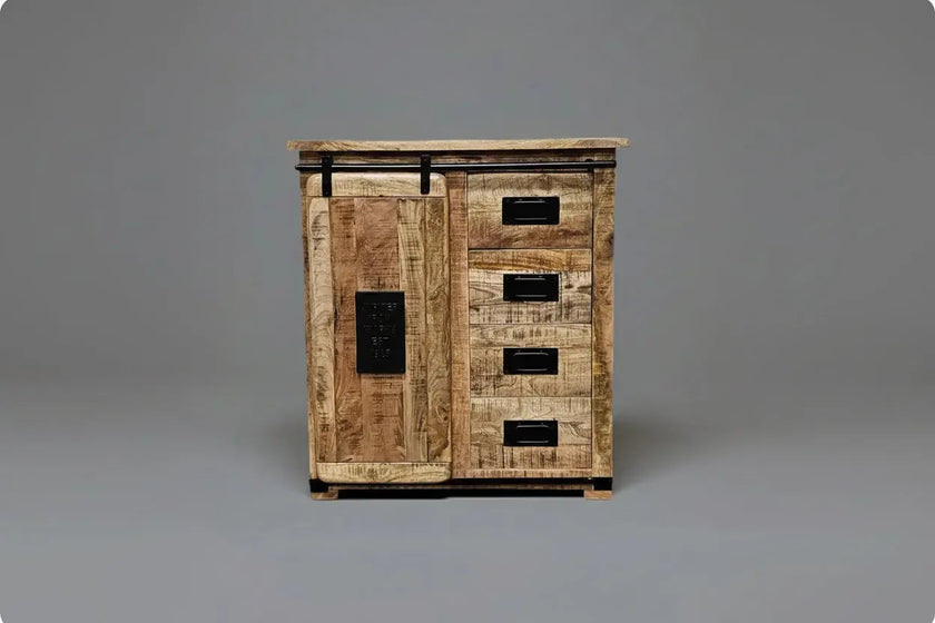 Meuble Commode Farmhouse en bois de manguier brut porte coulissante