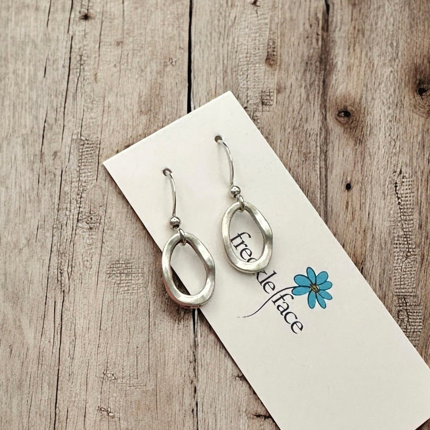 Wavy Hoop Drop Earrings – Matte Silver Asymmetrical Hoops, Hypoallergenic