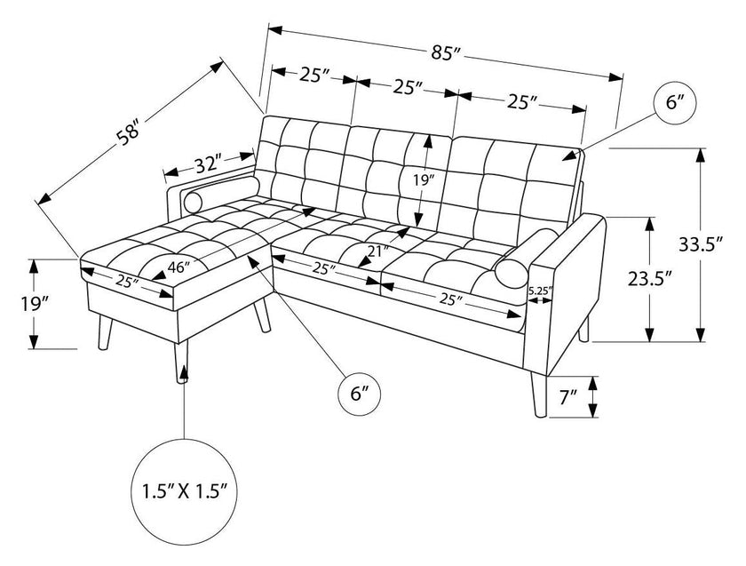 Sofa chaise longue avec deux coussins de 85
