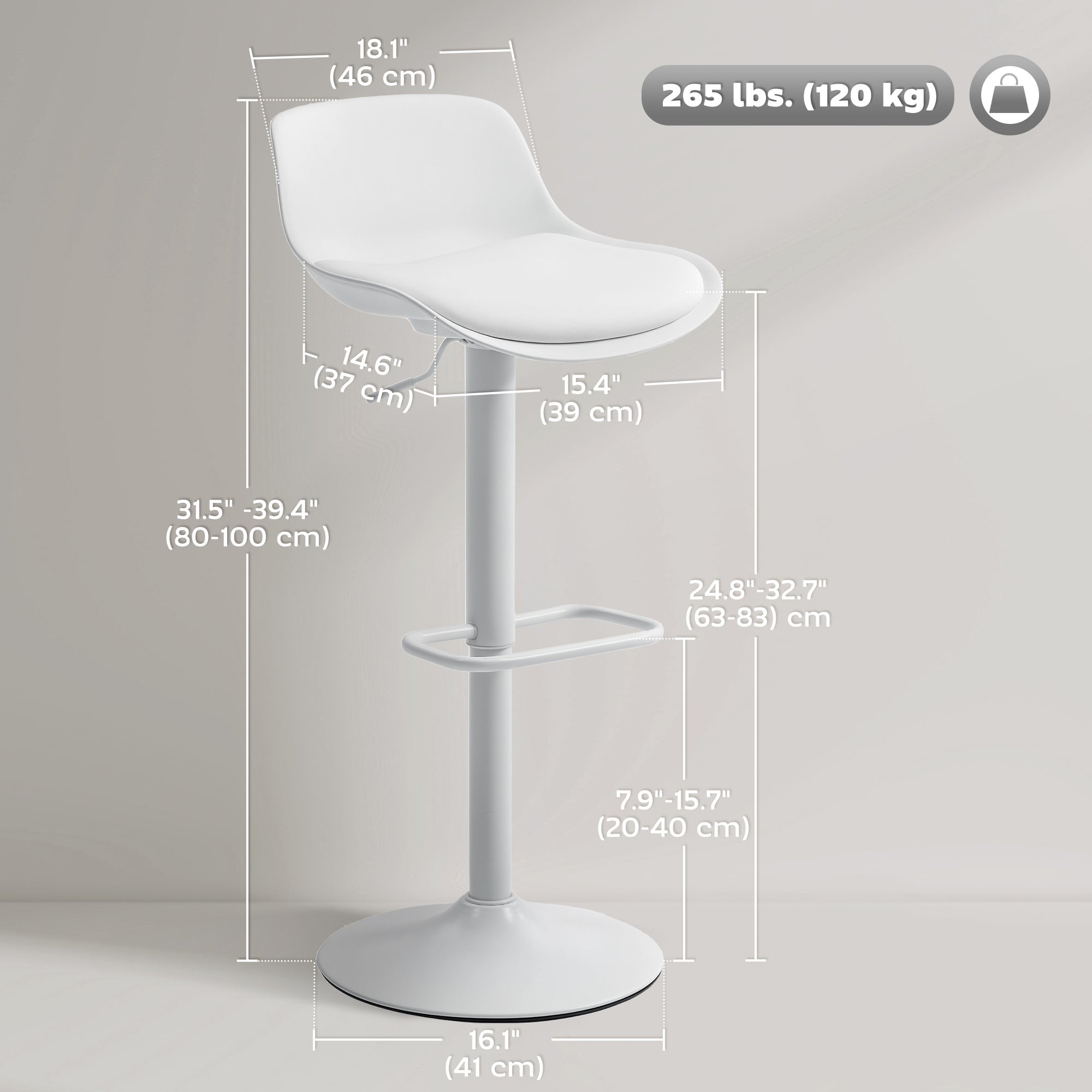Zee Counter Height/Bar Stools Set of 2 with Adjustable Height and Swivel Seat-White