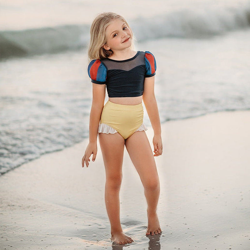 Kids Two-Piece Swimsuit Set – Girls Polyester Swim Top & Shorts in 5 Styles (Size 100–140)