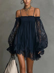Long-Sleeve Lace Boat Neck Slip Dress – Solid Color Stretch Mini