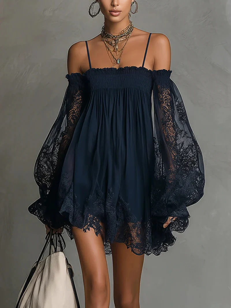 Long-Sleeve Lace Boat Neck Slip Dress – Solid Color Stretch Mini