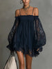 Long-Sleeve Lace Boat Neck Slip Dress – Solid Color Stretch Mini