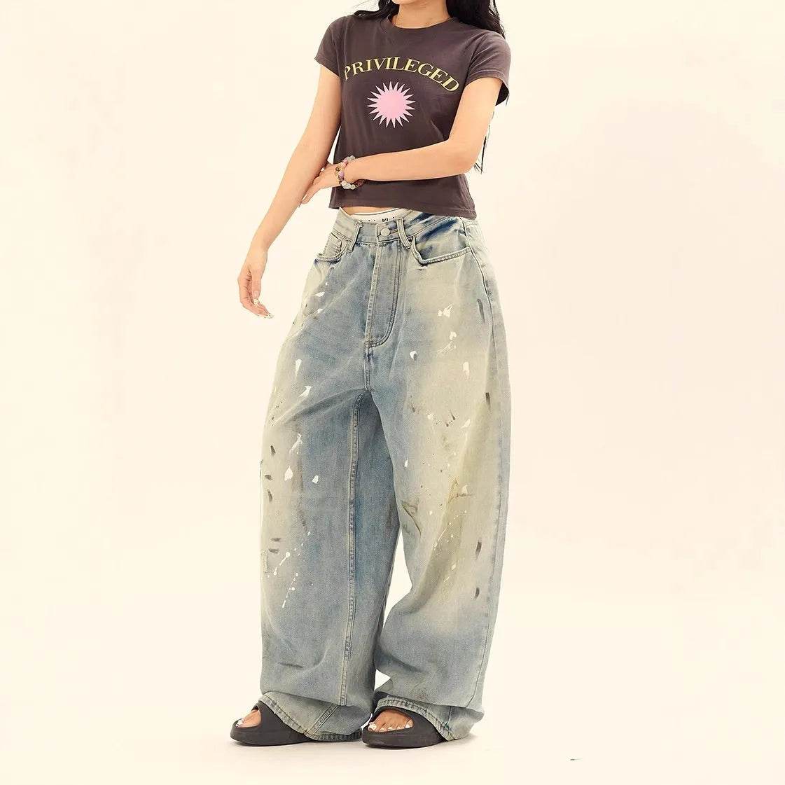 Washed Distressed Casual Loose Wide-leg Baggy Jeans Pant Splash-ink Design Slimming Unisex Style Mop Pants Men And Women