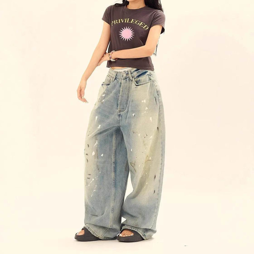 Washed Distressed Casual Loose Wide-leg Baggy Jeans Pant Splash-ink Design Slimming Unisex Style Mop Pants Men And Women