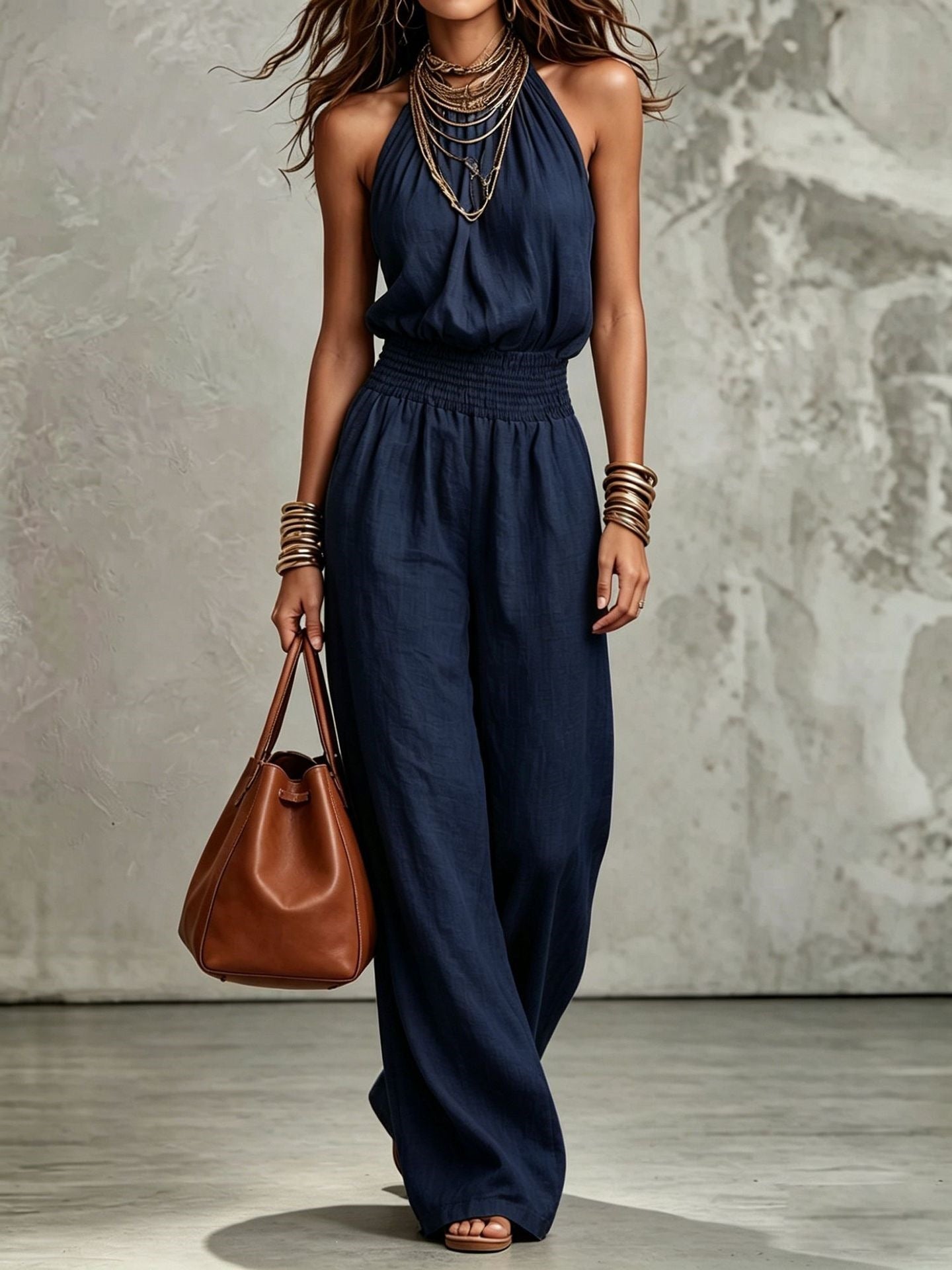 Women's Halter Neck Backless Wide-Leg Jumpsuit | Sleeveless Lace-Up Onesie
