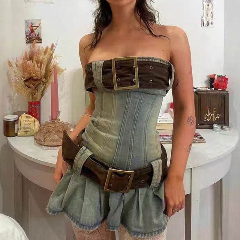 Women's Fashion Strapless Tube Top Mini Denim Club Dress