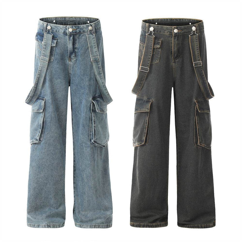 Ribbon Design Multi-pocket Workwear Denim Trousers Men Jeans