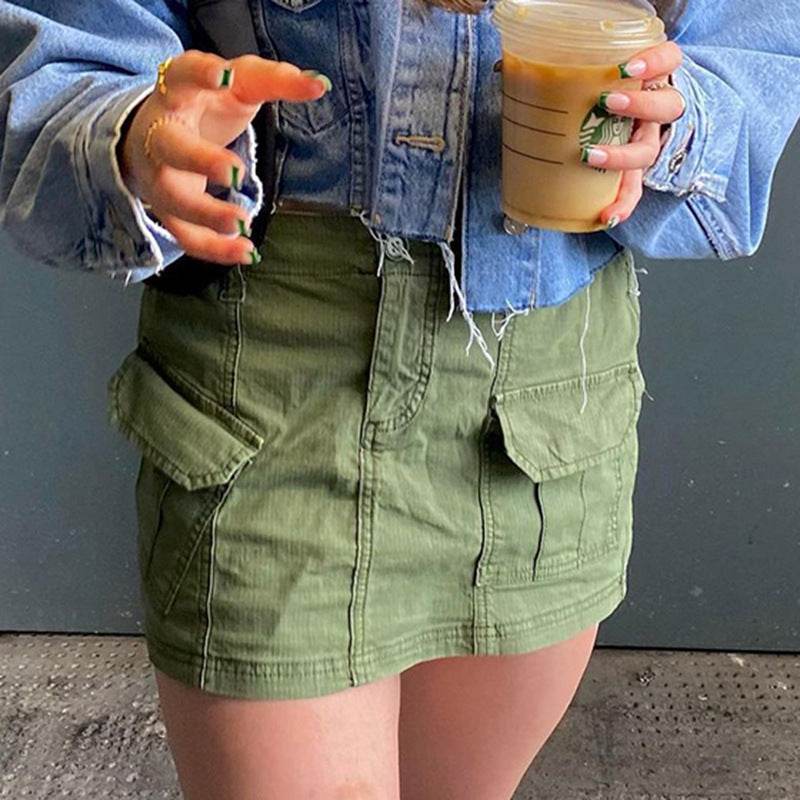 Simple Tooling Style Pocket Army Green Woven Hot Girl A- Line Mini Hip Cargo Skirt Summer