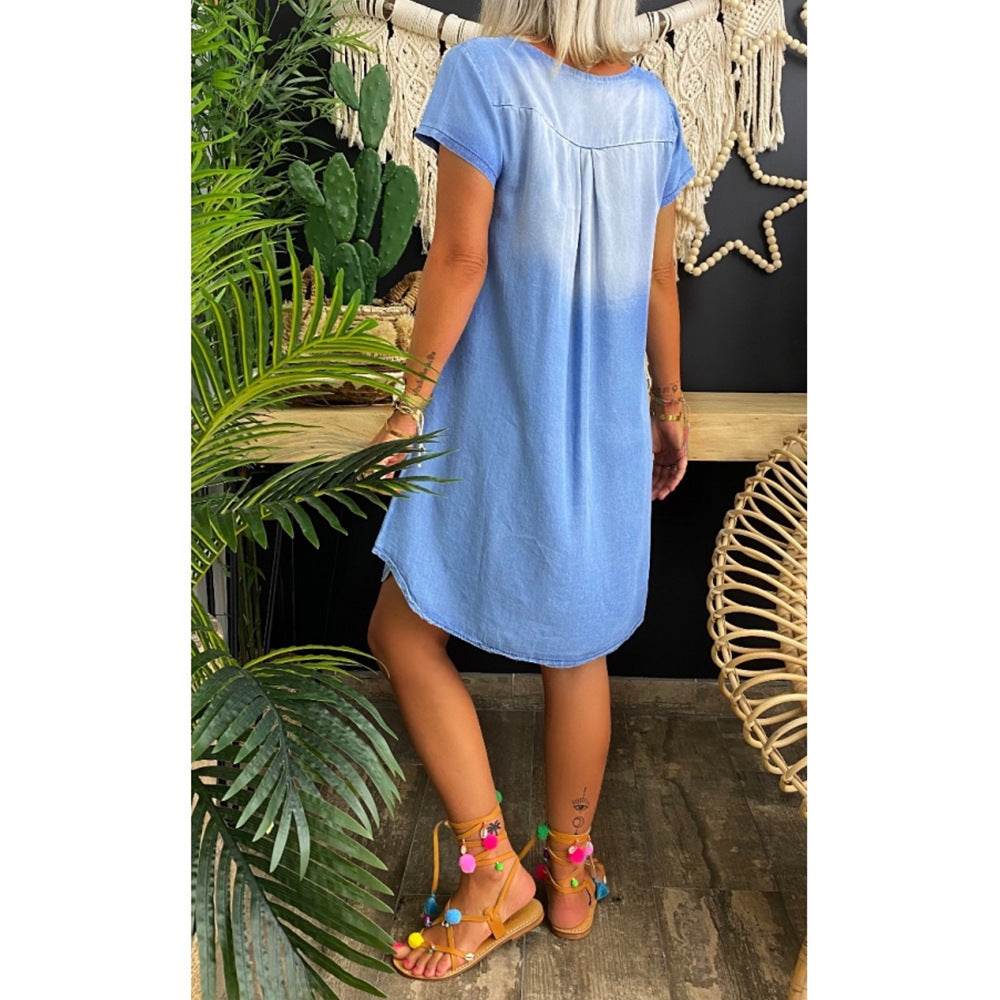 Round Neck Pleated Loose Solid Color Casual Plus Size Denim Dress