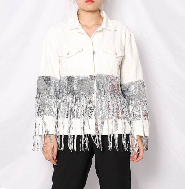 Lapel Pocket Heavy Industry Sequins Tassel  Loose Ripped Denim Jacket Women