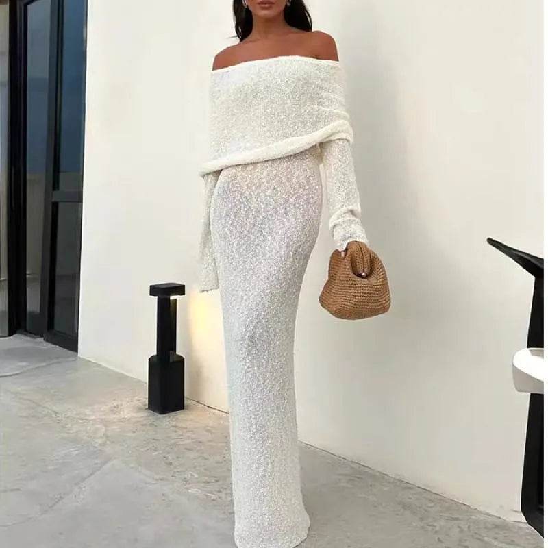 French-style Off-shoulder Dress Party Long-sleeved Long Dress