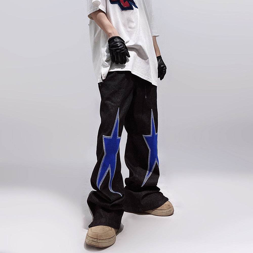 Five-pointed Star Embroidery Denim Horn Loose Straight Casual All-match Mop Jeans Baggy Trousers Men