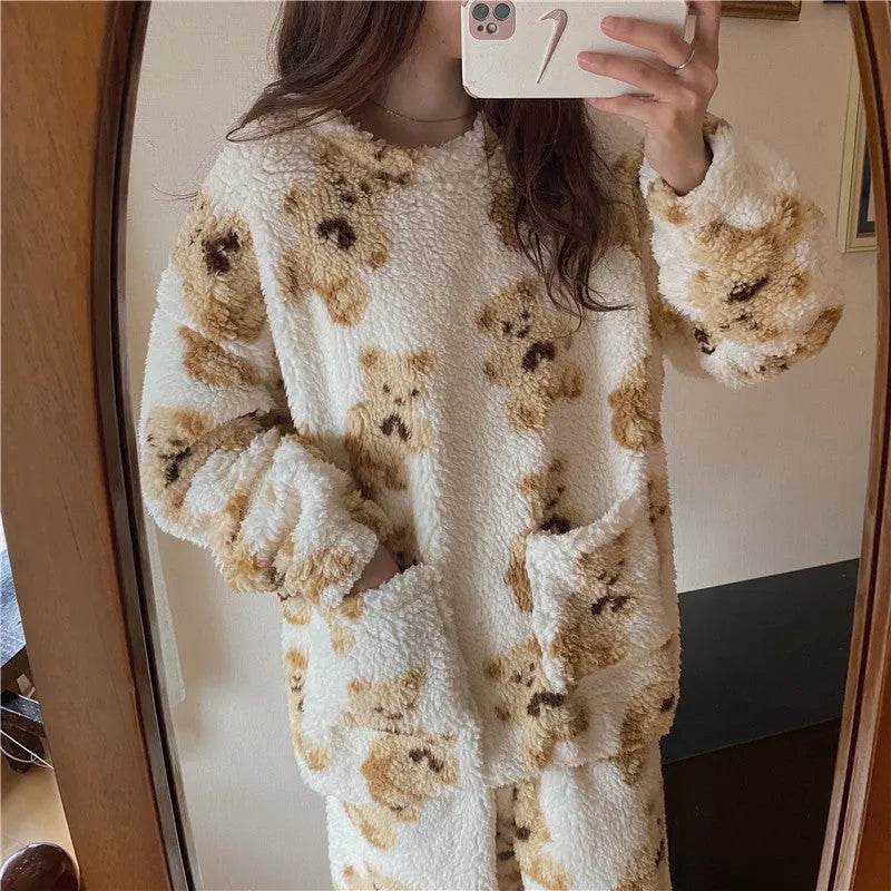 Polar Bear Fleece Winter Home Lounge wear Pajamas Set Women