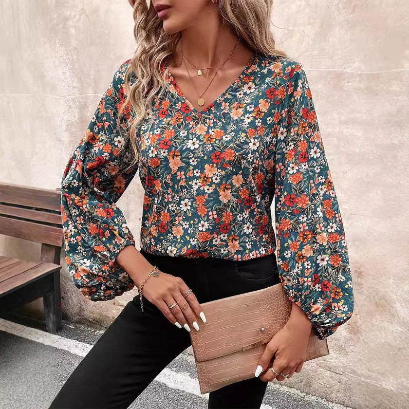 Women's V-neck Lantern Long Sleeve Shirt Autumn casual blouse top