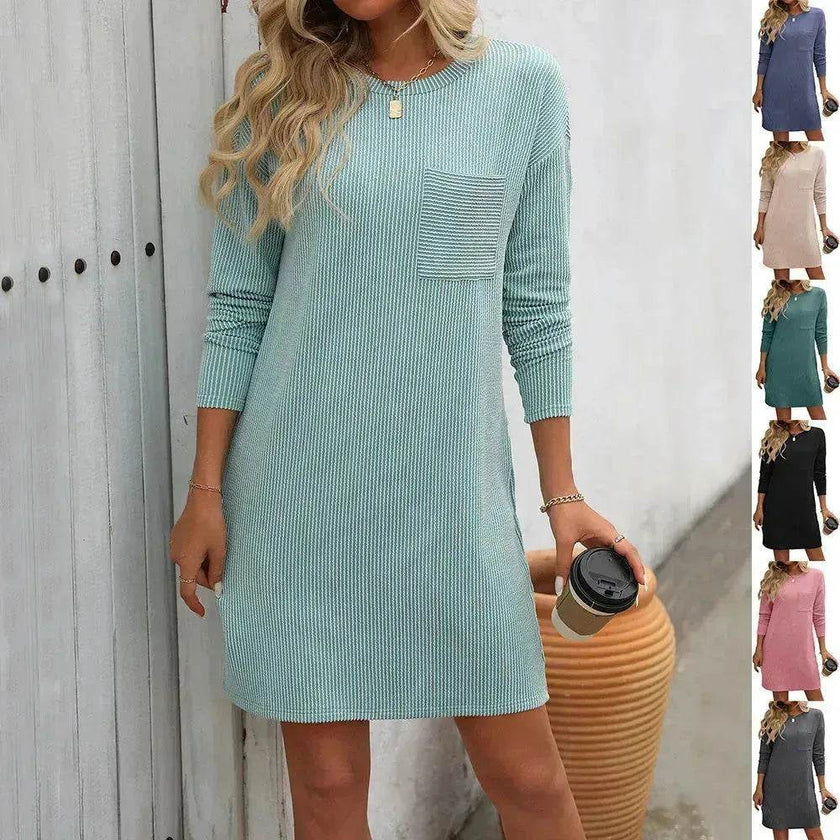 Casual New Solid Color Striped With Pockets Long Sleeve Loose Mini Dress Fashion Round Neck Straight Dress Women's Clothing