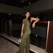 European And American Middle East Pleated Ribbon Shiny Evening Dress