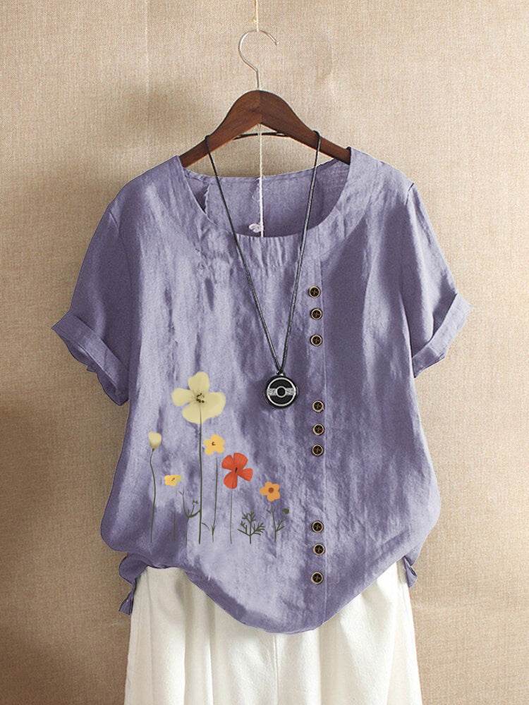 Women's Casual Printed Cotton Linen Short Sleeve Blouse Top