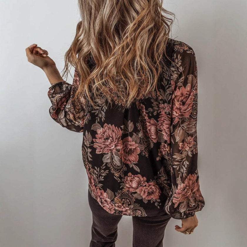 V-neck Long Sleeve Top Floral Print Women's Chiffon blouse Women